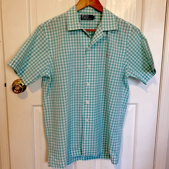 Men’s Small Polo by Ralph Lauren short sleeve button up mint green checked shirt - Picture 1 of 6